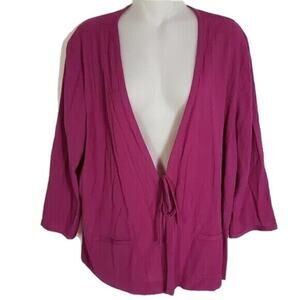 Jaclyn Smith Women Open Tie Front Cardigan Large Violet Purple 3/4 Sleeve Pocket